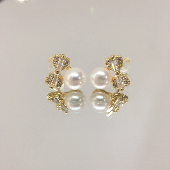 Women's Natural Freshwater Pearl Bow Zircon Earrings 18K Goldfilled Oblate Round