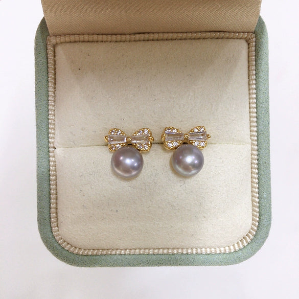 Women's Natural Freshwater Pearl Bow Zircon Earrings 18K Goldfilled Oblate Round