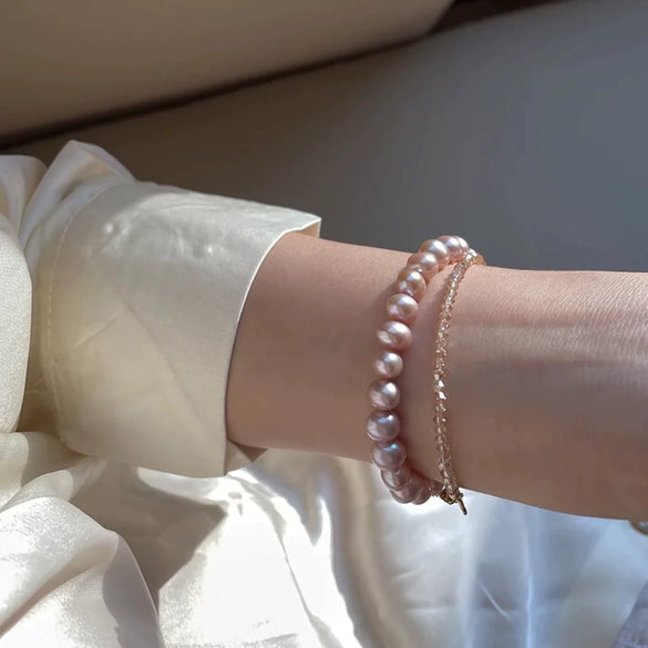 Women's Natural Freshwater Pearl Bracelet 925 Silver Plated 18K Gold With Flat Round And Bun Round Pearls