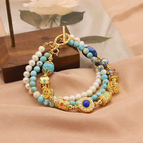 Women's Natural Freshwater Pearl Cloisonne Turquoise Three Layer Bracelet 18K Real Gold Electroplated