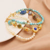 Women's Natural Freshwater Pearl Cloisonne Turquoise Three Layer Bracelet 18K Real Gold Electroplated