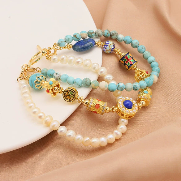 Women's Natural Freshwater Pearl Cloisonne Turquoise Three Layer Bracelet 18K Real Gold Electroplated