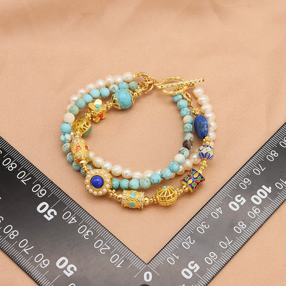 Women's Natural Freshwater Pearl Cloisonne Turquoise Three Layer Bracelet 18K Real Gold Electroplated
