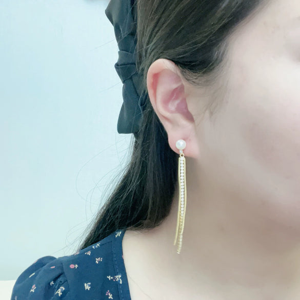 Women's Natural Freshwater Pearl Earrings Alloy Inlaid With Artificial Gemstones And Semiprecious Stones Oblate Shape Chain Tassel Colorpreserving