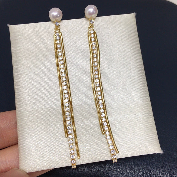 Women's Natural Freshwater Pearl Earrings Alloy Inlaid With Artificial Gemstones And Semiprecious Stones Oblate Shape Chain Tassel Colorpreserving