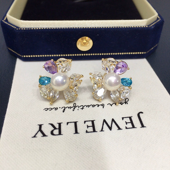 Women's Natural Freshwater Pearl Earrings Alloy Inlaid With Artificial Gemstones Semiprecious Stones Oblate Shape