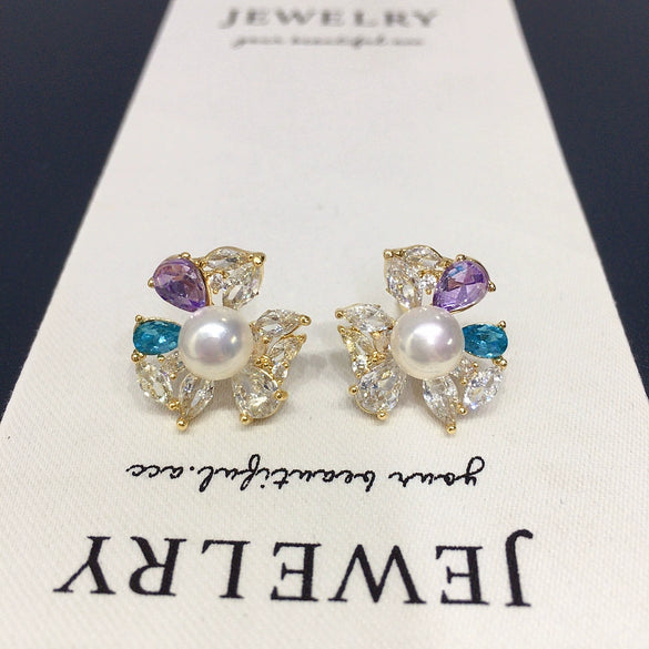 Women's Natural Freshwater Pearl Earrings Alloy Inlaid With Artificial Gemstones Semiprecious Stones Oblate Shape