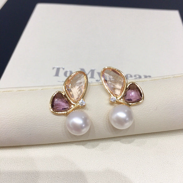 Women's Natural Freshwater Pearl Earrings Alloy Inlaid With Gemstones Flat Round And Oblate Shape