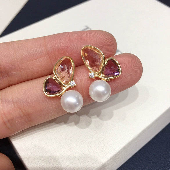Women's Natural Freshwater Pearl Earrings Alloy Inlaid With Gemstones Flat Round And Oblate Shape