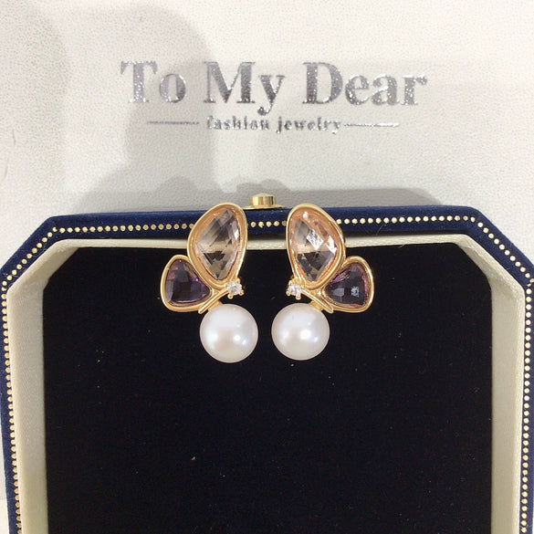 Women's Natural Freshwater Pearl Earrings Alloy Inlaid With Gemstones Flat Round And Oblate Shape