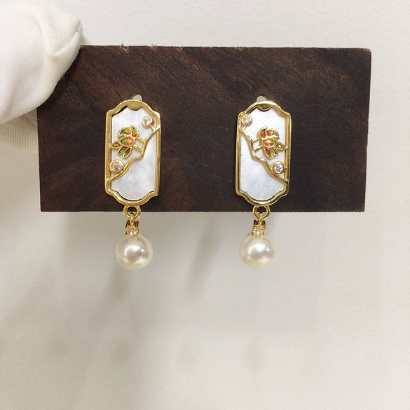 Women's Natural Freshwater Pearl Earrings Geometric Painted S925 Sterling Silver Oblate