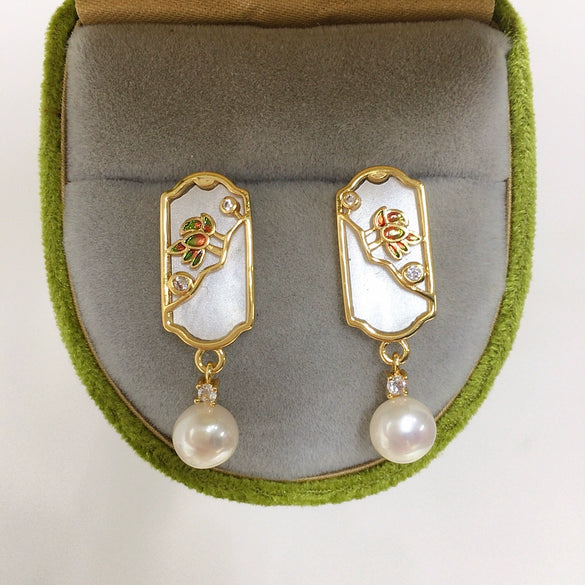 Women's Natural Freshwater Pearl Earrings Geometric Painted S925 Sterling Silver Oblate