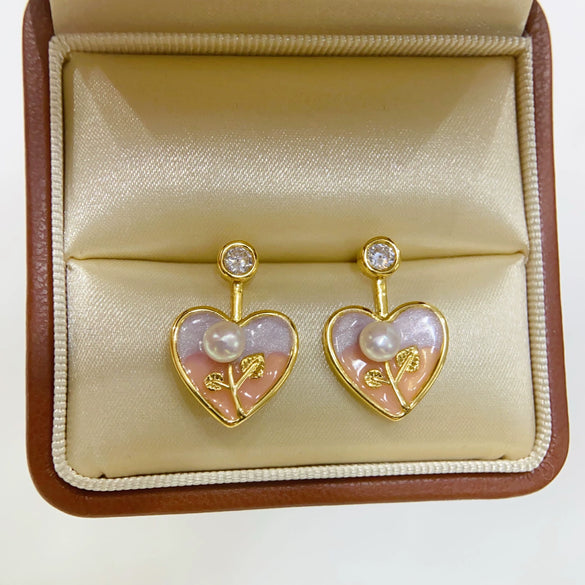 Women's Natural Freshwater Pearl Earrings In Love And Oblate Shape S925 Sterling Silver With 18K Gold