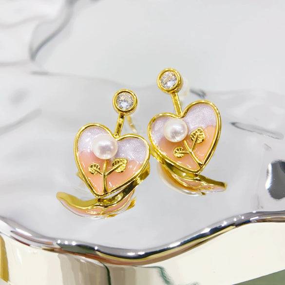 Women's Natural Freshwater Pearl Earrings In Love And Oblate Shape S925 Sterling Silver With 18K Gold