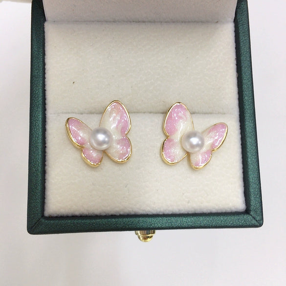 Women's Natural Freshwater Pearl Earrings In S925 Sterling Silver With Gradient Blue Butterfly Design And Oblate Shape