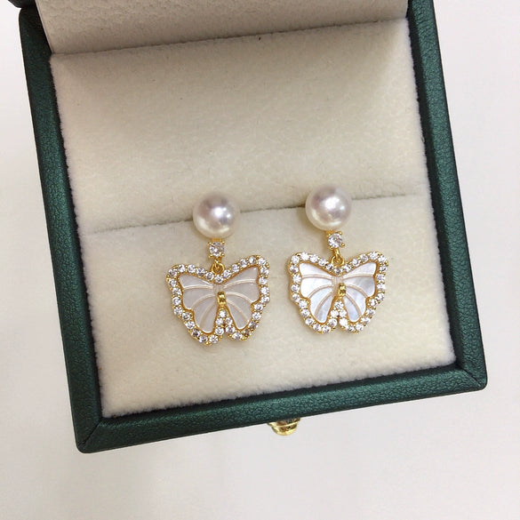 Women's Natural Freshwater Pearl Earrings In S925 Sterling Silver With Seashells Micro Zircon Butterfly Design And Oblate Shape