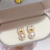 Women's Natural Freshwater Pearl Earrings Letter H Shape Oblate Round Style