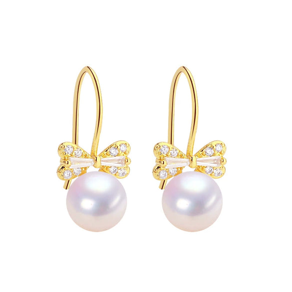 Women's Natural Freshwater Pearl Earrings Light Luxury Style Zircon Bow Ear Hook Oblate Round Shape