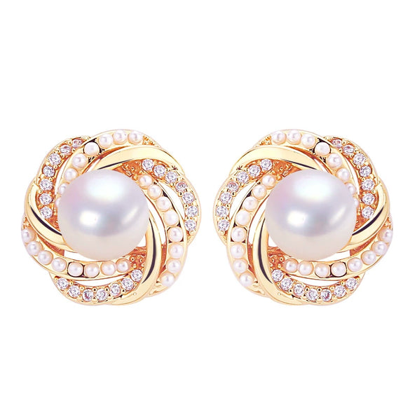 Women's Natural Freshwater Pearl Earrings Oblate Shape Wrapping Bird's Nest 18K Gold Colorpreserving