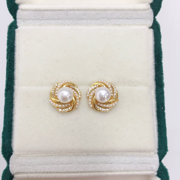 Women's Natural Freshwater Pearl Earrings Oblate Shape Wrapping Bird's Nest 18K Gold Colorpreserving
