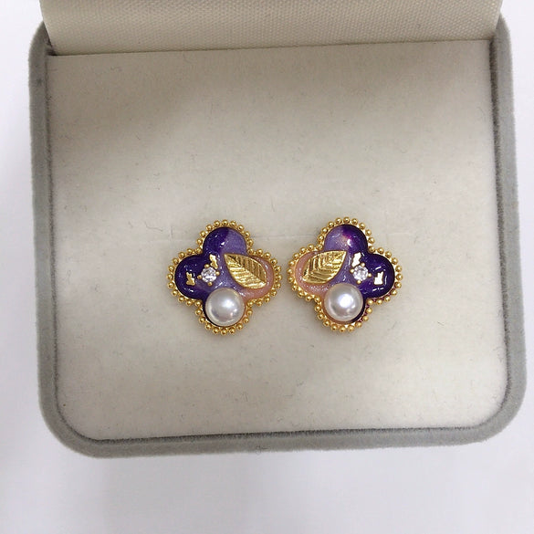 Women's Natural Freshwater Pearl Earrings Oil Painting Painted Antique Style 18K Goldfilled