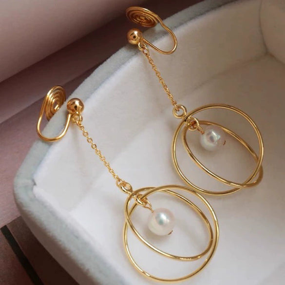 Women's Natural Freshwater Pearl Earrings Retro Exotic Style Oblate Shape