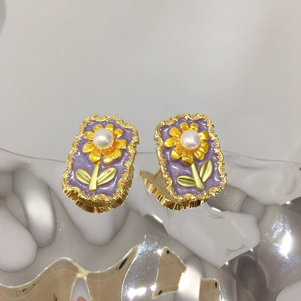 Women's Natural Freshwater Pearl Earrings Retro Oil Painting Style Sunflower Goldfilled Colorpreserving Sterling Silver Oblate Alloy Inlaid With Gemstones