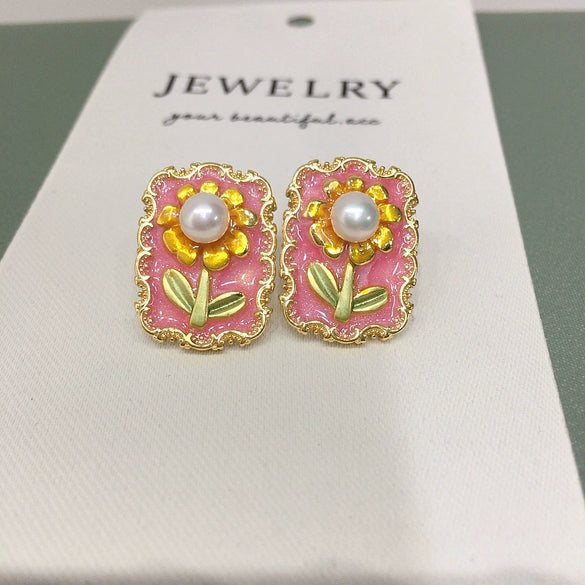 Women's Natural Freshwater Pearl Earrings Retro Oil Painting Style Sunflower Goldfilled Colorpreserving Sterling Silver Oblate Alloy Inlaid With Gemstones