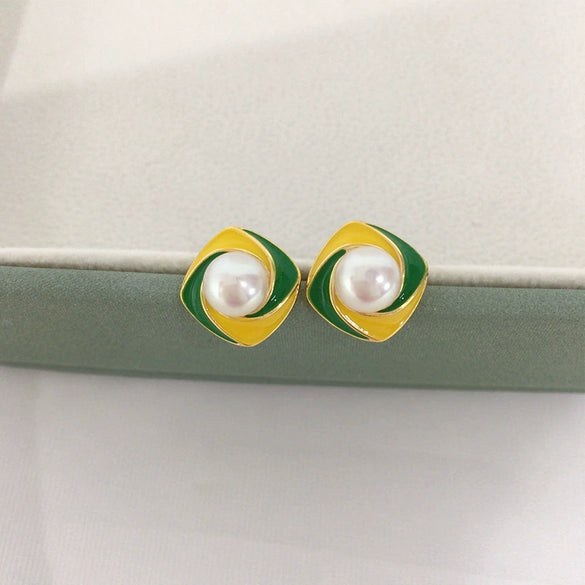 Women's Natural Freshwater Pearl Earrings S925 Sterling Silver 18K Goldfilled Dripping Glaze Paint Windmill Oblate Design