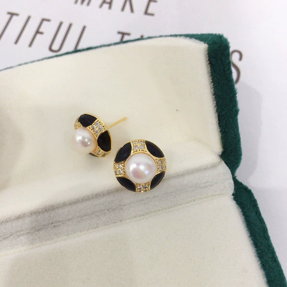Women's Natural Freshwater Pearl Earrings S925 Sterling Silver 18K Goldfilled Oblate Shape Retro Style