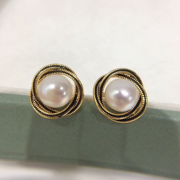 Women's Natural Freshwater Pearl Earrings S925 Sterling Silver 18K Goldfilled Oil Dripping Bird's Nest Style Oblate Shape