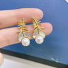 Women's Natural Freshwater Pearl Earrings S925 Sterling Silver Microinlaid Zircon Seashells Feather Oblate Style