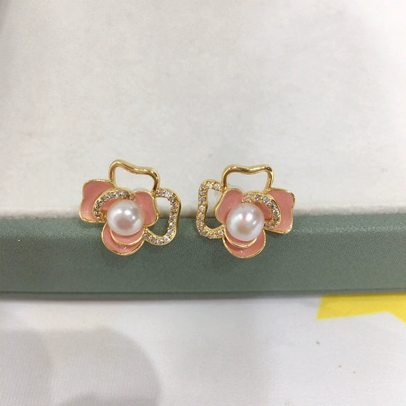 Women's Natural Freshwater Pearl Earrings S925 Sterling Silver Needle 18K Goldfilled Alloy Inlaid With Artificial And Semiprecious Stones Flat Round And Bun Round Pearl Shape