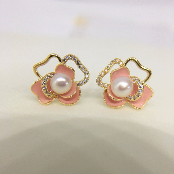 Women's Natural Freshwater Pearl Earrings S925 Sterling Silver Needle 18K Goldfilled Alloy Inlaid With Artificial And Semiprecious Stones Flat Round And Bun Round Pearl Shape