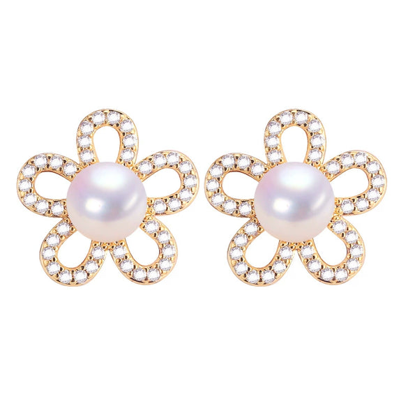 Women's Natural Freshwater Pearl Earrings S925 Sterling Silver Pin Alloy Inlaid Artificial And Semiprecious Stones Flat Round And Oblate Shape