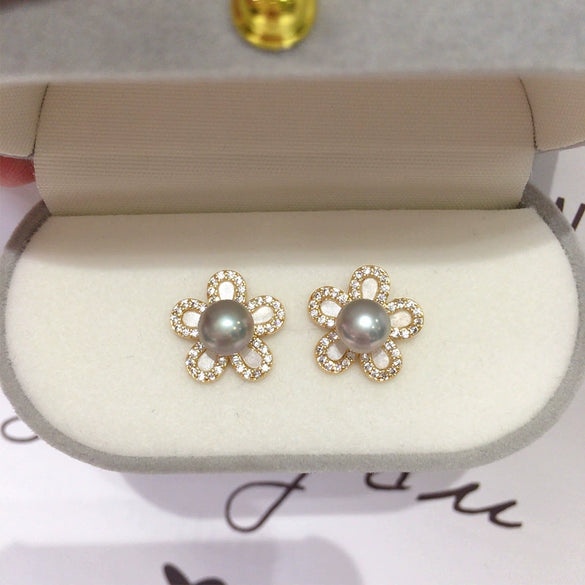 Women's Natural Freshwater Pearl Earrings S925 Sterling Silver Pin Alloy Inlaid Artificial And Semiprecious Stones Flat Round And Oblate Shape