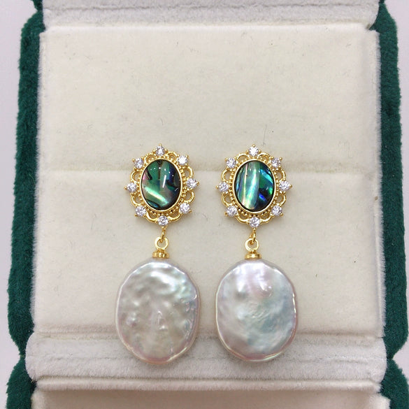 Women's Natural Freshwater Pearl Earrings With Abalone Shell In Sterling Silver And Alien Shape