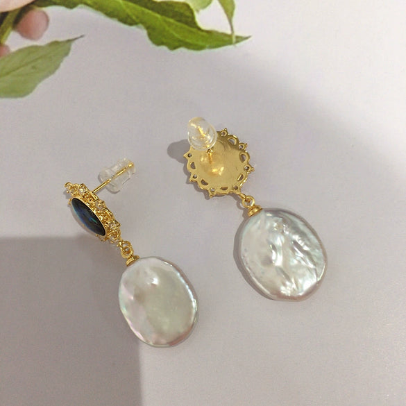 Women's Natural Freshwater Pearl Earrings With Abalone Shell In Sterling Silver And Alien Shape