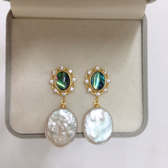 Women's Natural Freshwater Pearl Earrings With Abalone Shell In Sterling Silver And Alien Shape
