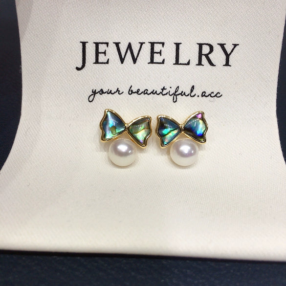 Women's Natural Freshwater Pearl Earrings With Abalone Shells And Cute Bows Oblate Shape Alloy Inlaid With Gemstones