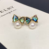 Women's Natural Freshwater Pearl Earrings With Abalone Shells And Cute Bows Oblate Shape Alloy Inlaid With Gemstones
