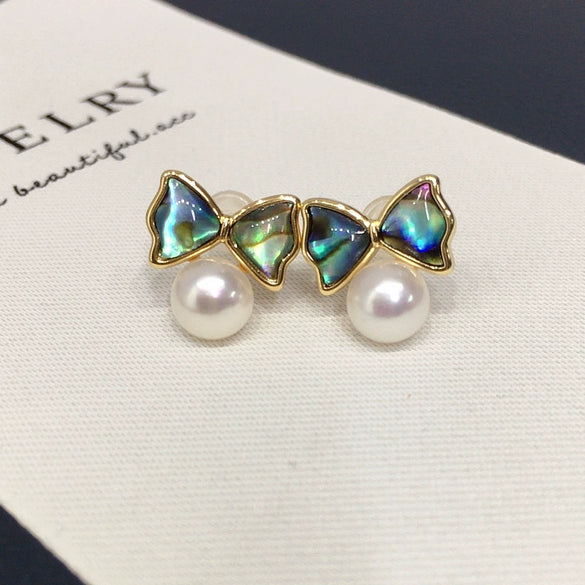 Women's Natural Freshwater Pearl Earrings With Abalone Shells And Cute Bows Oblate Shape Alloy Inlaid With Gemstones