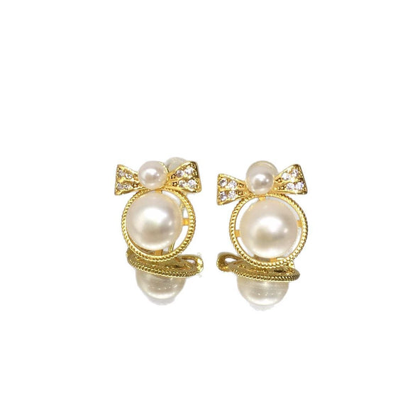 Women's Natural Freshwater Pearl Earrings With Alloy Inlaid Artificial And Semiprecious Stones And Bow Design Microinlaid Zircon Oblate Shape