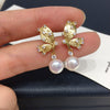 Women's Natural Freshwater Pearl Earrings With Alloy Inlaid Artificial And Semiprecious Stones And Butterfly Design Oblate Shape