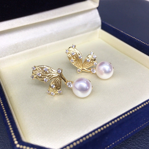 Women's Natural Freshwater Pearl Earrings With Alloy Inlaid Artificial And Semiprecious Stones And Butterfly Design Oblate Shape