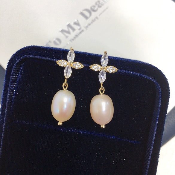 Women's Natural Freshwater Pearl Earrings With Alloy Inlaid Artificial And Semiprecious Stones In Drop And Rice Shapes