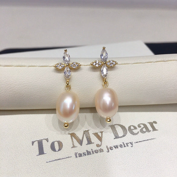 Women's Natural Freshwater Pearl Earrings With Alloy Inlaid Artificial And Semiprecious Stones In Drop And Rice Shapes