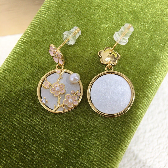 Women's Natural Freshwater Pearl Earrings With Baked Paint Peach Blossom Pattern S925 Sterling Silver Needle And Round Oblate Shape