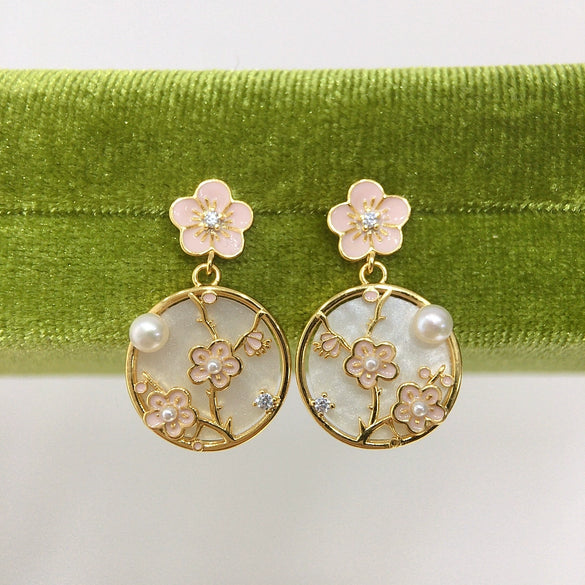 Women's Natural Freshwater Pearl Earrings With Baked Paint Peach Blossom Pattern S925 Sterling Silver Needle And Round Oblate Shape