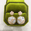 Women's Natural Freshwater Pearl Earrings With Baked Paint Peach Blossom Pattern S925 Sterling Silver Needle And Round Oblate Shape